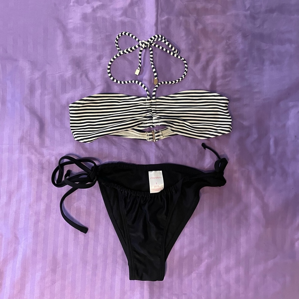 Two piece Bikini top and bottom, size small/xs with black and white strips